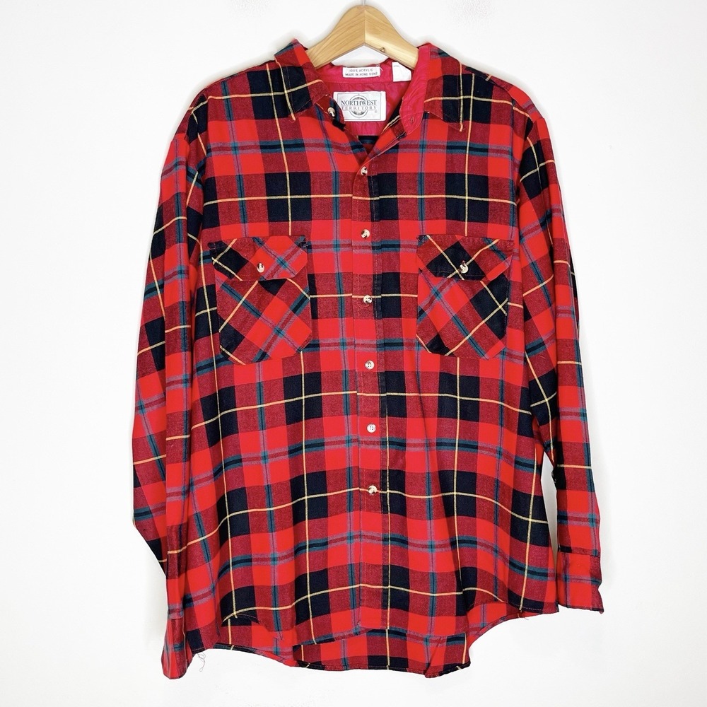 Vintage Northwest Territory Flannel Shirt XL Red Plaid Button Up Soft Acrylic